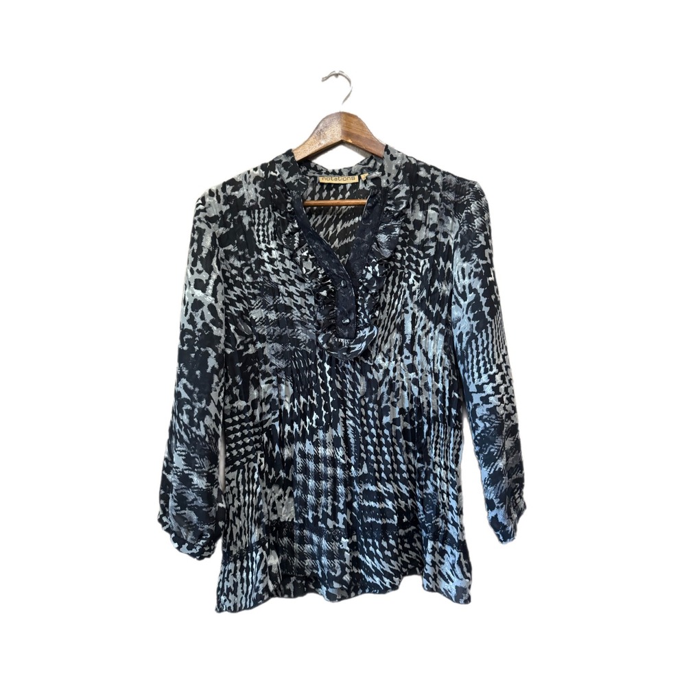 Notations Blouse Womens Large Black White Animal Houndstooth Ruffle Lace Top